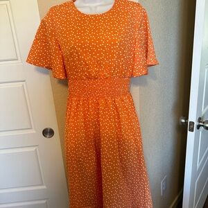 Vibrant Orange Polka Dot Midi Dress
